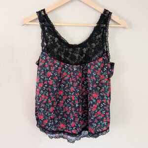 Y2K Lace Tank Top Black with Red Rose Print Romantic Floral Tank Lace Hem Size M